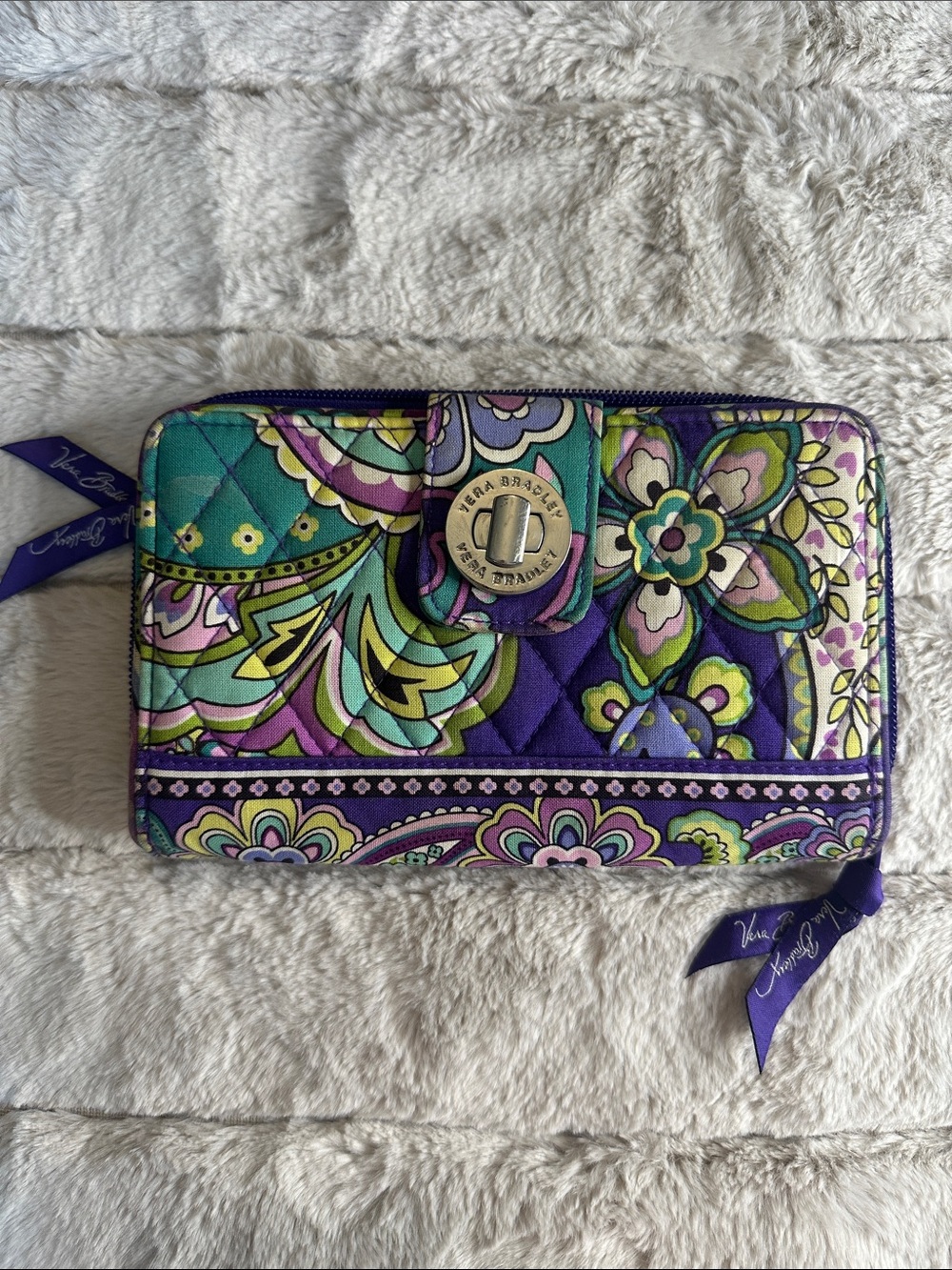 Retired Vera Bradley Purple Plum Crazy Floral Quilted Turn Lock Clutch Wallet